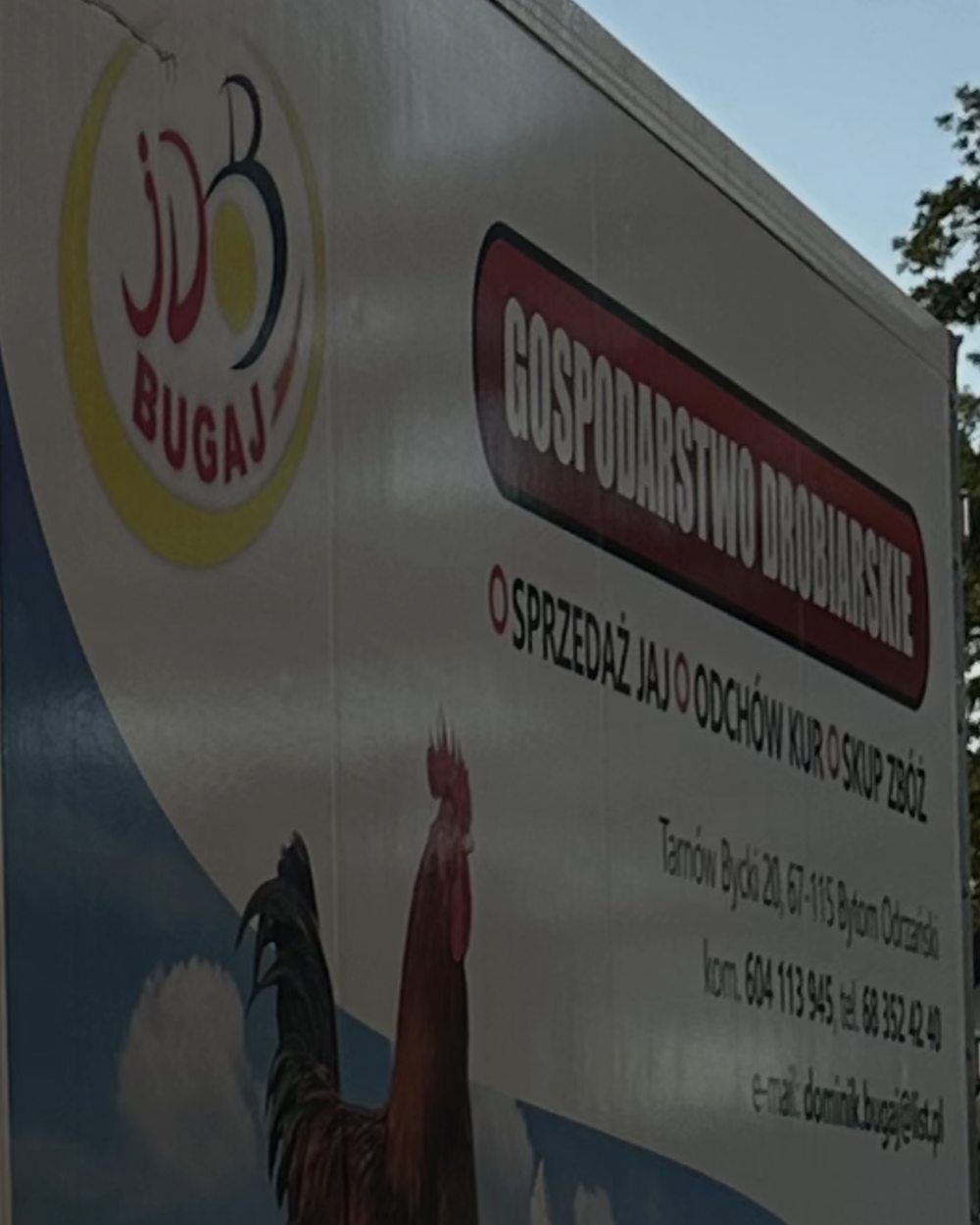 Samochód dostawczy gospodarstwa z logo Bugaj i danymi kontaktowymi na burcie